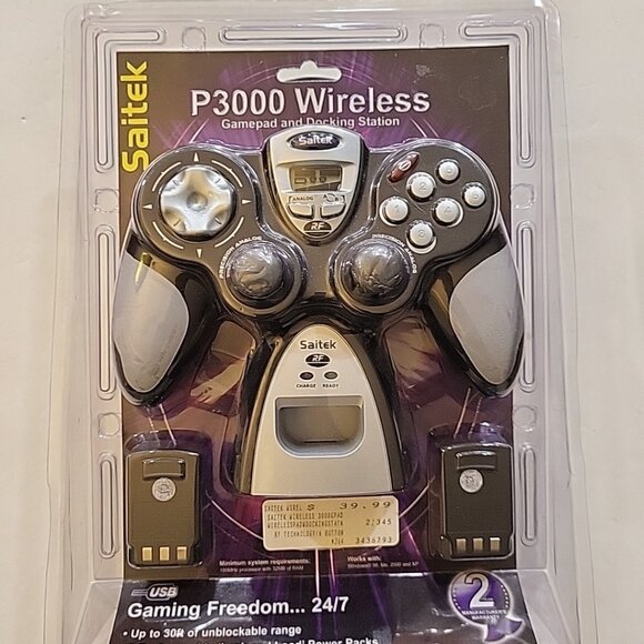 Saitek P3000 Wireless PC Gamepad w Docking Station & Power Pack NIP NEW SEALED - Picture 1 of 4